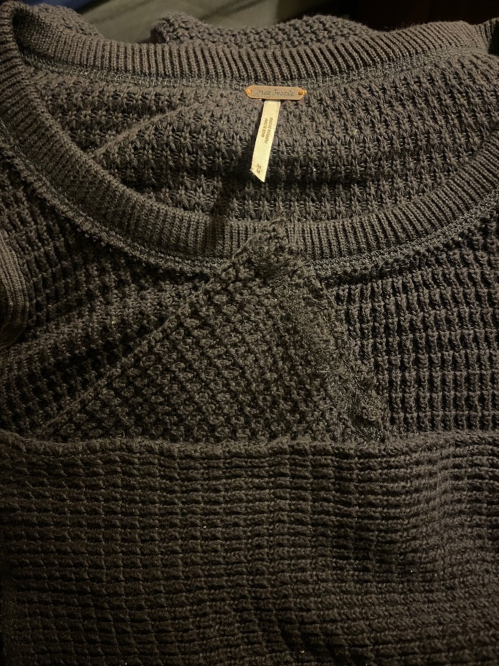 Free People Black Cold-Shoulder Waffle Knit Top